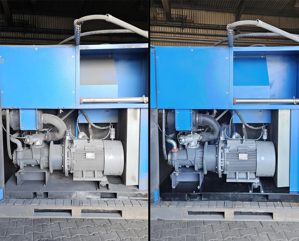 Before and after comparison of an industrial machine cleaned with dry ice blasting